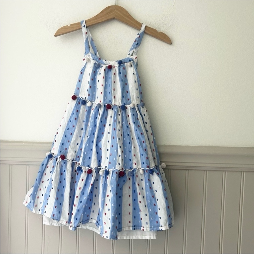 Tommy Bahama Girls 4 Red White Blue Pom Pom Striped Kids Cotton Dress